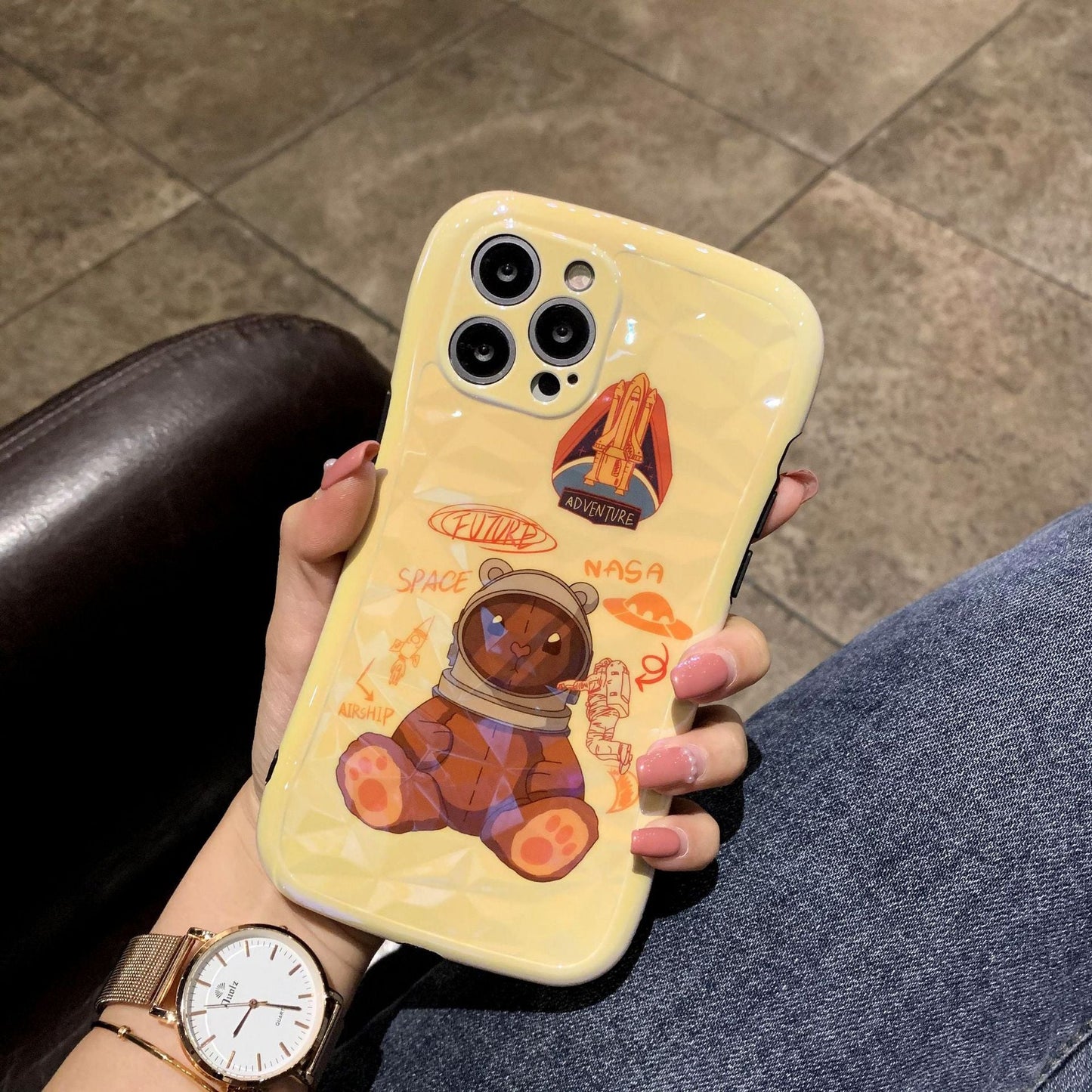Cartoon Rocket Bear Diamond Pattern Small Waist Phone Soft Case - Taylor K Shop