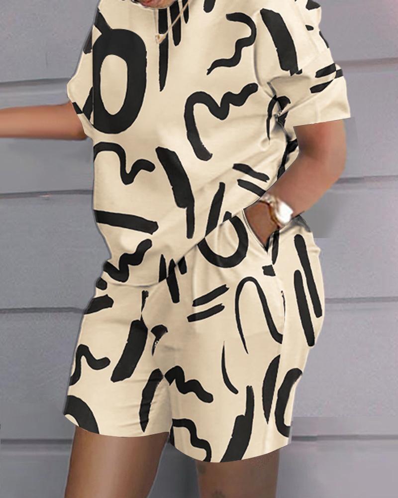 Casual Loose Print Tshirt Short Set Women 2023 Summer O - neck Patchwork T Shirt Two Piece Set And Pockets Shorts Suits - Taylor K Shop