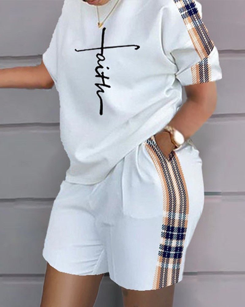 Casual Loose Print Tshirt Short Set Women 2023 Summer O - neck Patchwork T Shirt Two Piece Set And Pockets Shorts Suits - Taylor K Shop