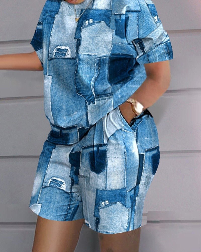 Casual Loose Print Tshirt Short Set Women 2023 Summer O - neck Patchwork T Shirt Two Piece Set And Pockets Shorts Suits - Taylor K Shop