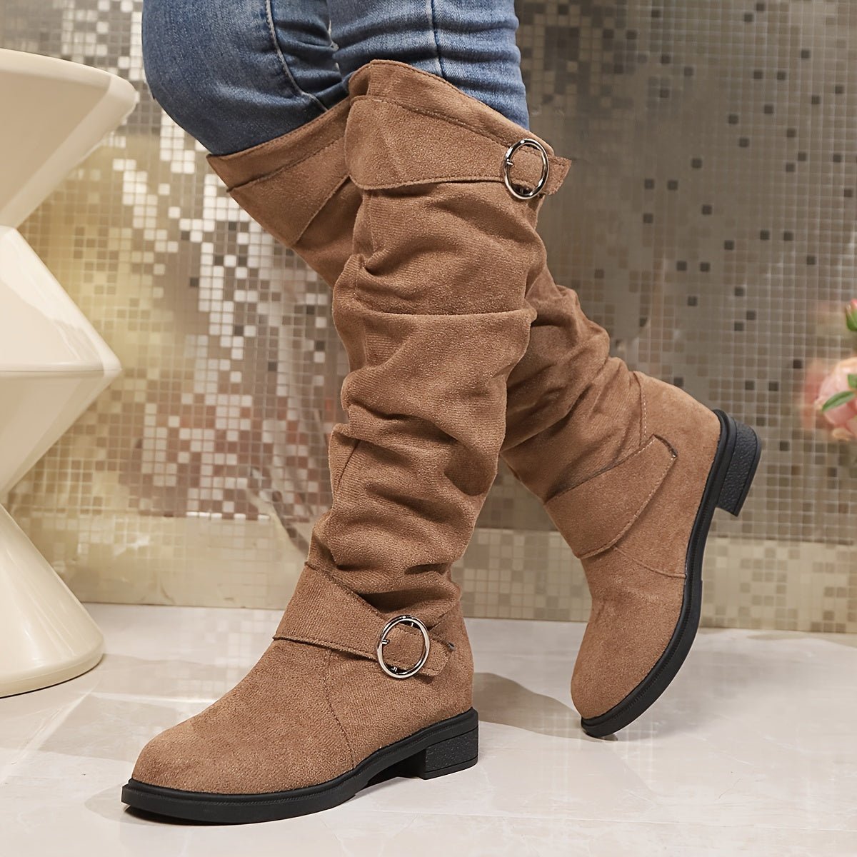 Chic Womens Solid Color High Knee Boots with Chunky Heel - Taylor K Shop