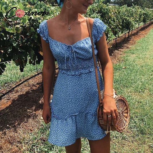 Conmoto Vintage Polka Dot High Waist Short Dress Women 2020 Summer New Casual Fashion Lace up Sexy Off Shoulder Girl Vestidos - Taylor K Shop