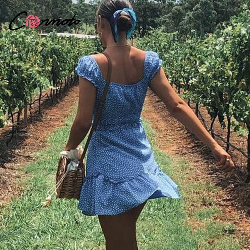 Conmoto Vintage Polka Dot High Waist Short Dress Women 2020 Summer New Casual Fashion Lace up Sexy Off Shoulder Girl Vestidos - Taylor K Shop