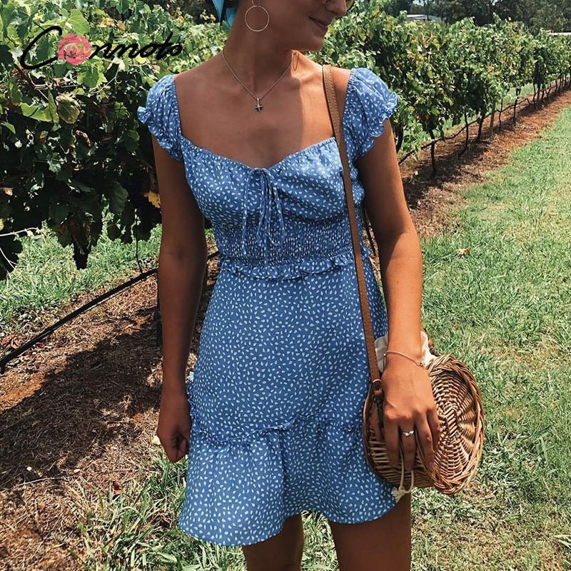 Conmoto Vintage Polka Dot High Waist Short Dress Women 2020 Summer New Casual Fashion Lace up Sexy Off Shoulder Girl Vestidos - Taylor K Shop