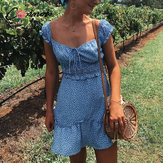 Conmoto Vintage Polka Dot High Waist Short Dress Women 2020 Summer New Casual Fashion Lace up Sexy Off Shoulder Girl Vestidos - Taylor K Shop