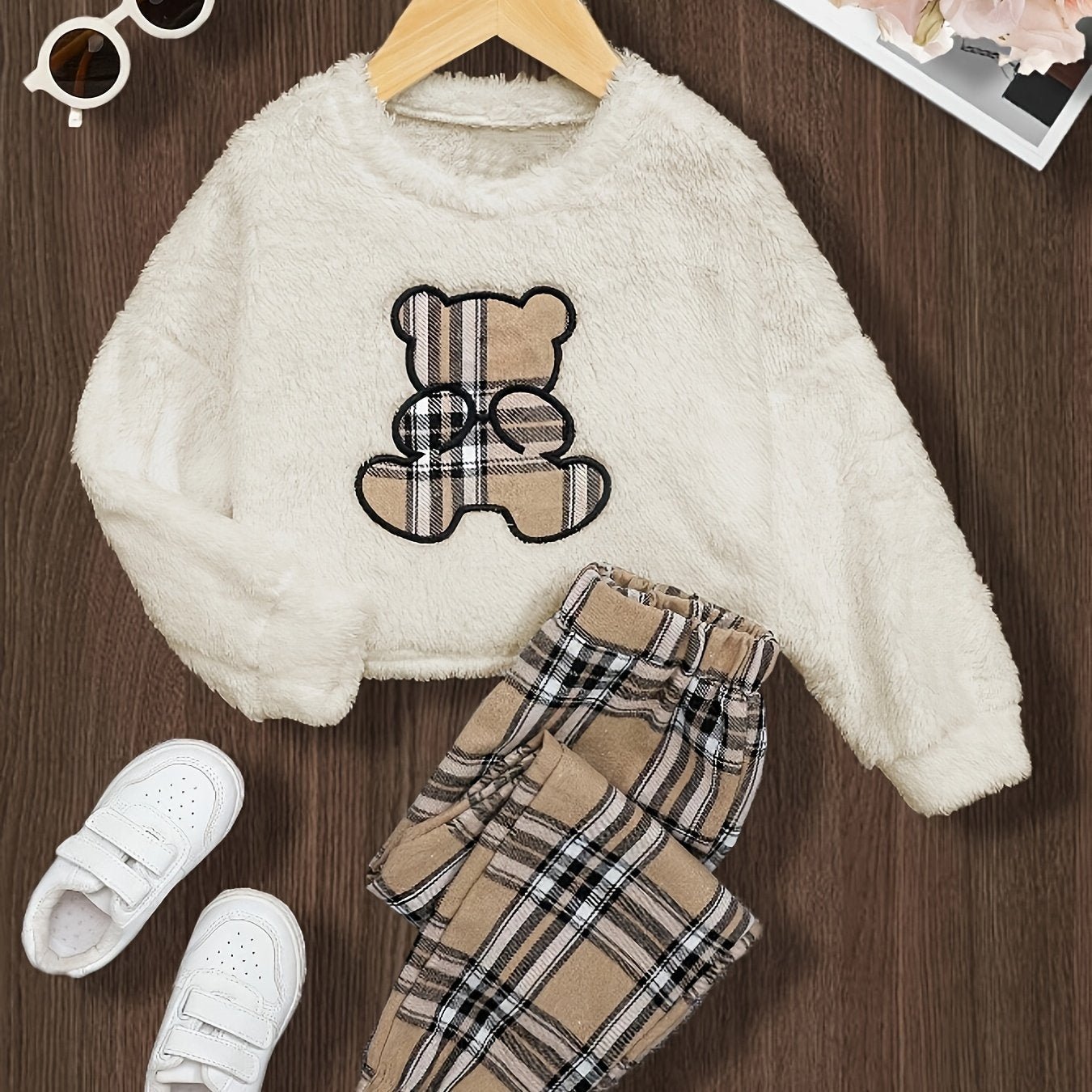 Cozy Plaid Bear Embroidered Girls TwoPiece Set - Taylor K Shop