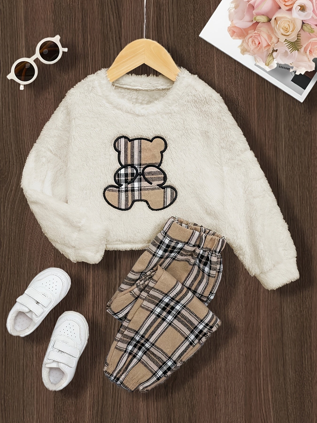 Cozy Plaid Bear Embroidered Girls TwoPiece Set - Taylor K Shop