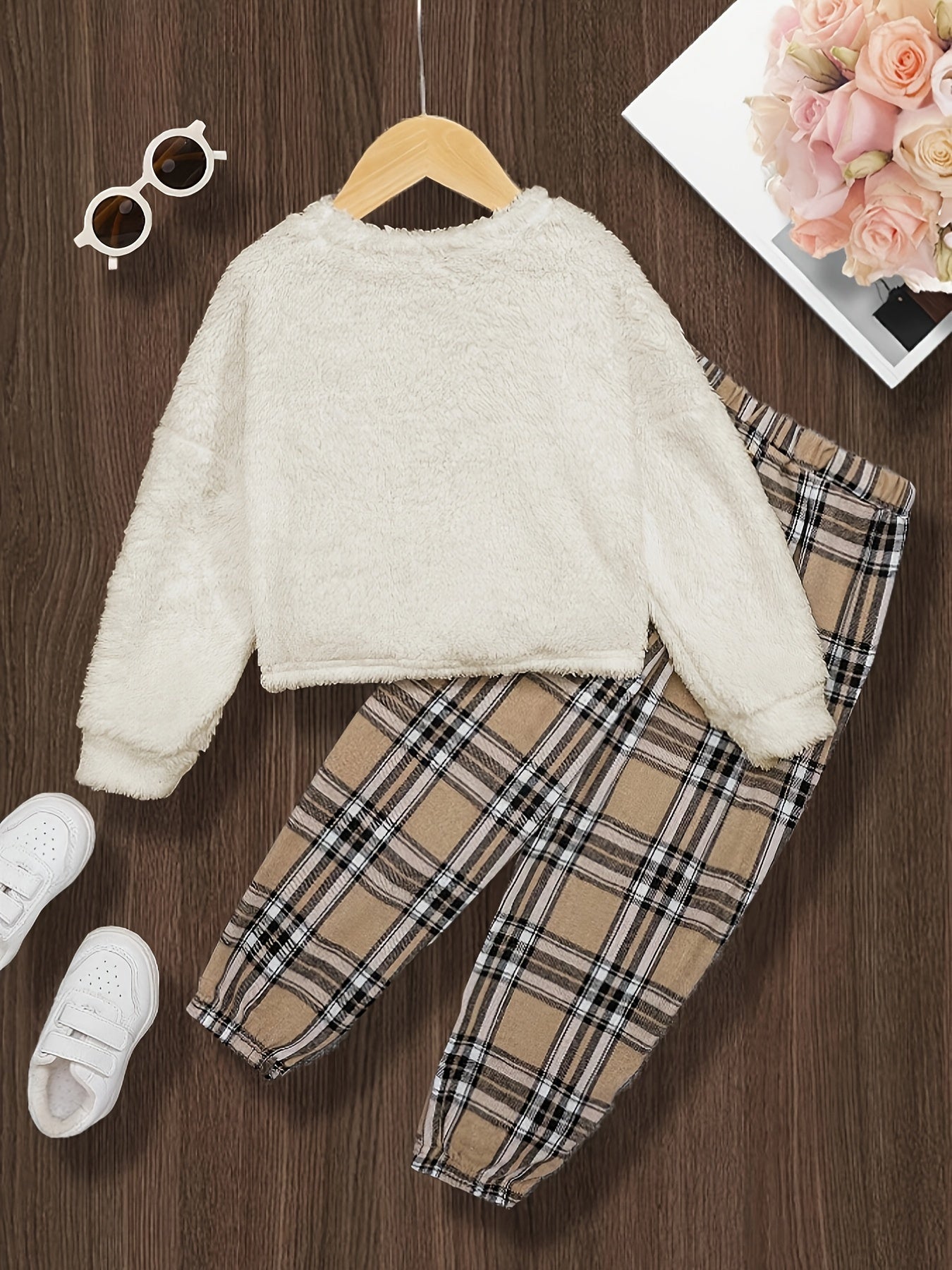 Cozy Plaid Bear Embroidered Girls TwoPiece Set - Taylor K Shop