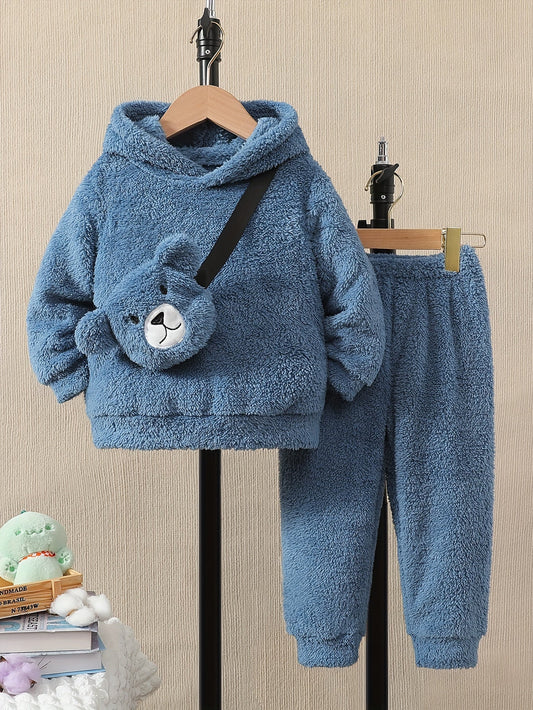 Cozy Solid Color Winter Outfit with Plush Hoodie and Bag - Taylor K Shop