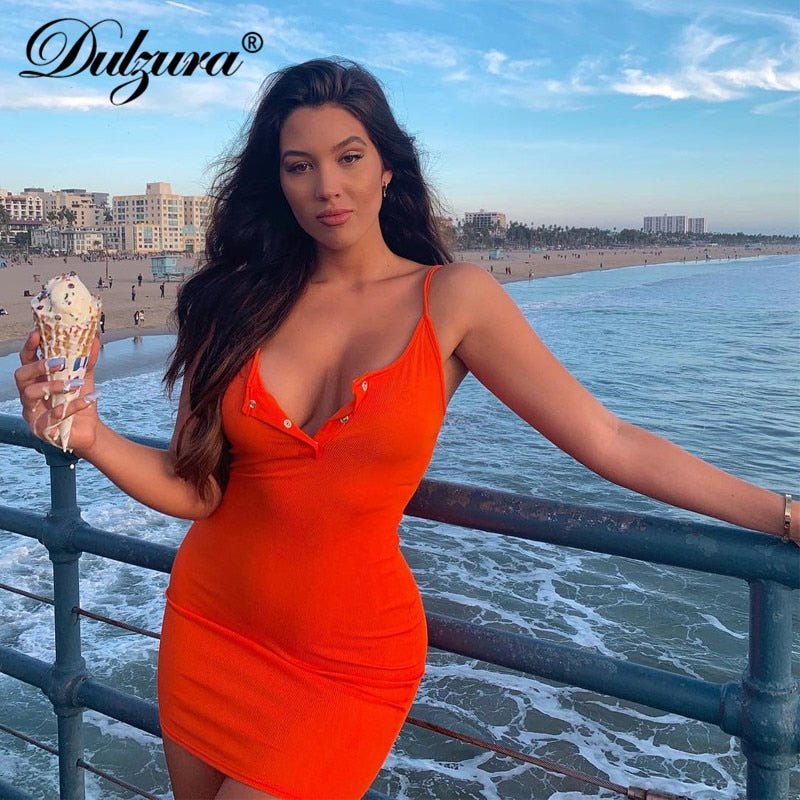 Dulzura ribbed knitted neon women mini dress sexy solid bodycon 2020 summer festival streetwear clothes party elegant clothing - Taylor K Shop