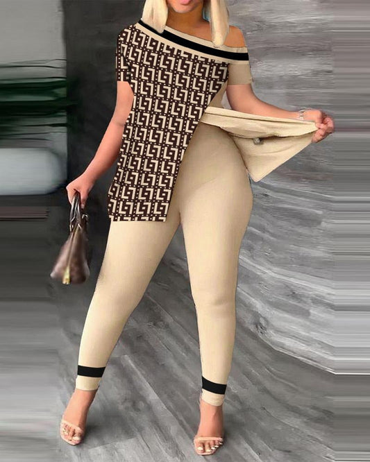 Elegant Women's Suit Sexy Off Shoulder Split 2023 Summer Fashion Casual Short Sleeve Loose Top + Tight Pants 2 - piece Set S - XXXL - Taylor K Shop