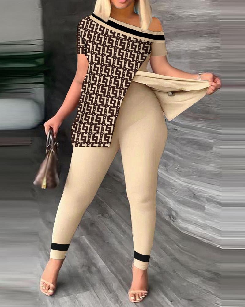 Elegant Women's Suit Sexy Off Shoulder Split 2023 Summer Fashion Casual Short Sleeve Loose Top + Tight Pants 2 - piece Set S - XXXL - Taylor K Shop