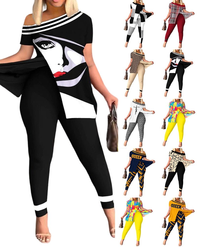 Elegant Women's Suit Sexy Off Shoulder Split 2023 Summer Fashion Casual Short Sleeve Loose Top + Tight Pants 2 - piece Set S - XXXL - Taylor K Shop
