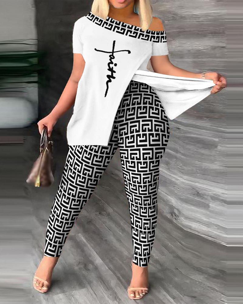 Elegant Women's Suit Sexy Off Shoulder Split 2023 Summer Fashion Casual Short Sleeve Loose Top + Tight Pants 2 - piece Set S - XXXL - Taylor K Shop