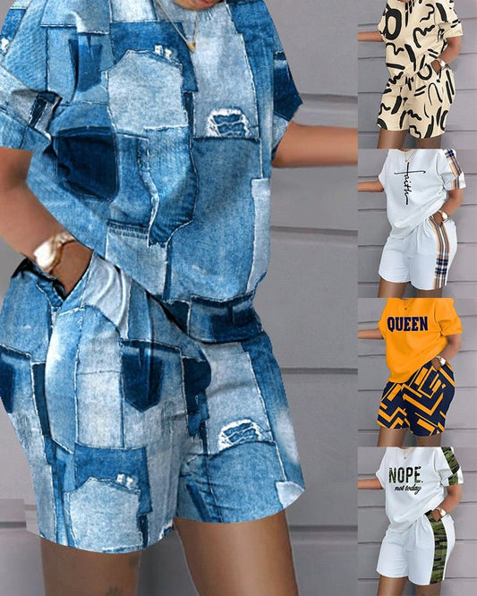 Elegant Women's Sweatshirt Suit Casual T-shirt+Shorts 2 - piece Sets 2023 Summer Print Home Wear Female Loog Top Tight Hot Pants - Taylor K Shop