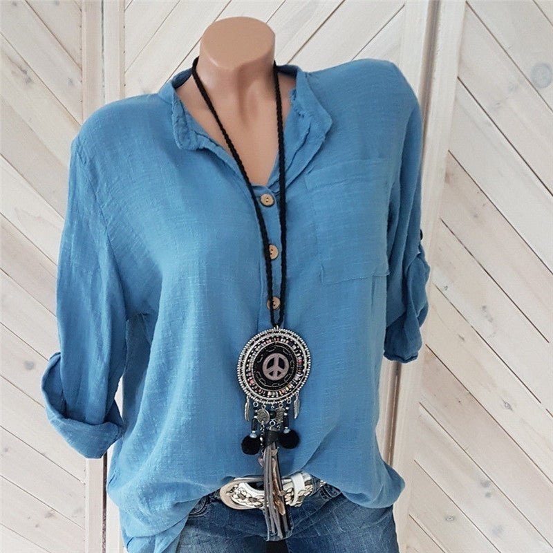 European And American Spring And Summer Solid Color V - Neck Pocket Women's Blouse - Taylor K Shop