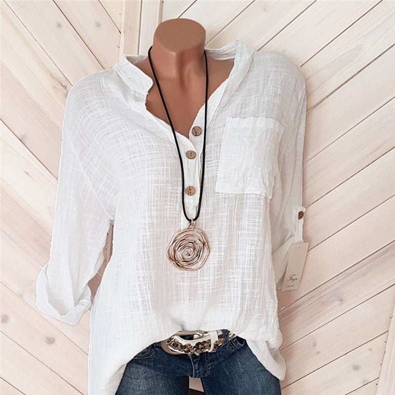 European And American Spring And Summer Solid Color V - Neck Pocket Women's Blouse - Taylor K Shop