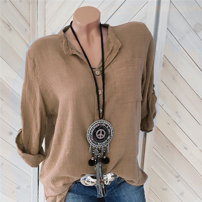 European And American Spring And Summer Solid Color V - Neck Pocket Women's Blouse - Taylor K Shop