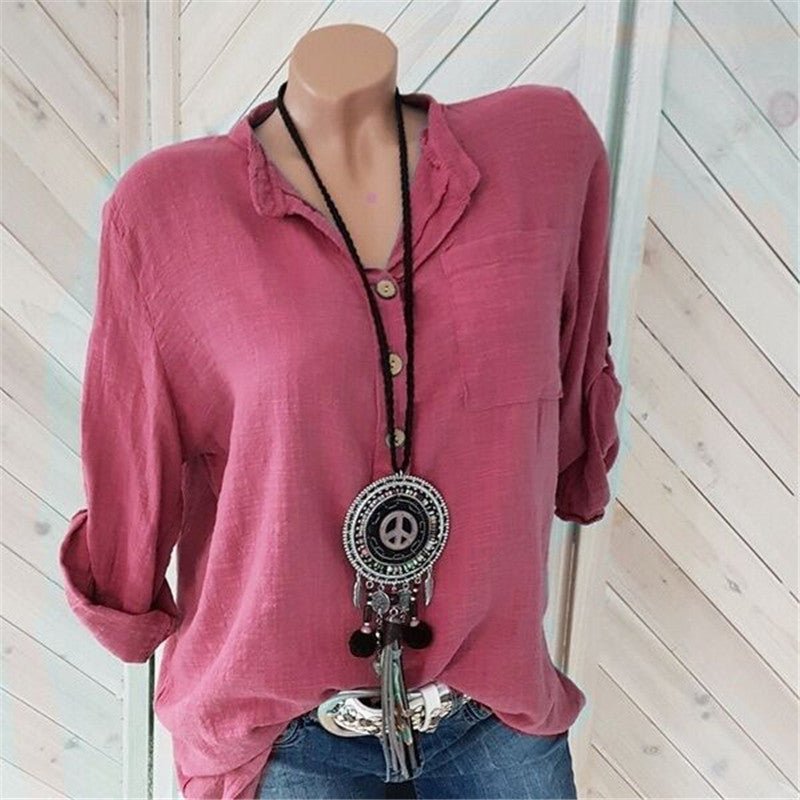 European And American Spring And Summer Solid Color V - Neck Pocket Women's Blouse - Taylor K Shop