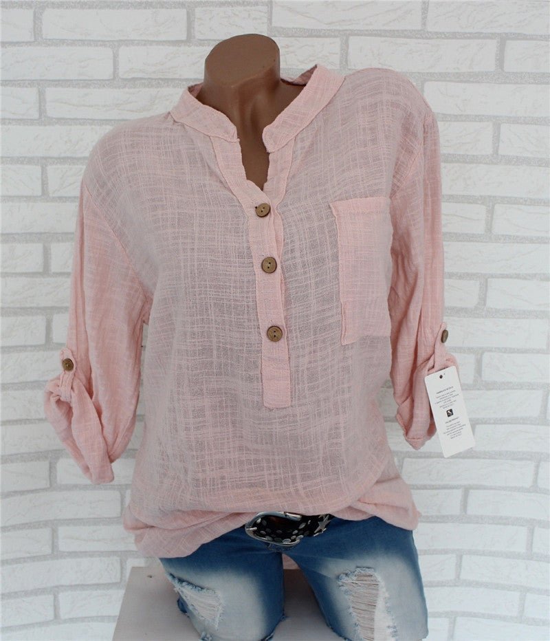 European And American Spring And Summer Solid Color V - Neck Pocket Women's Blouse - Taylor K Shop