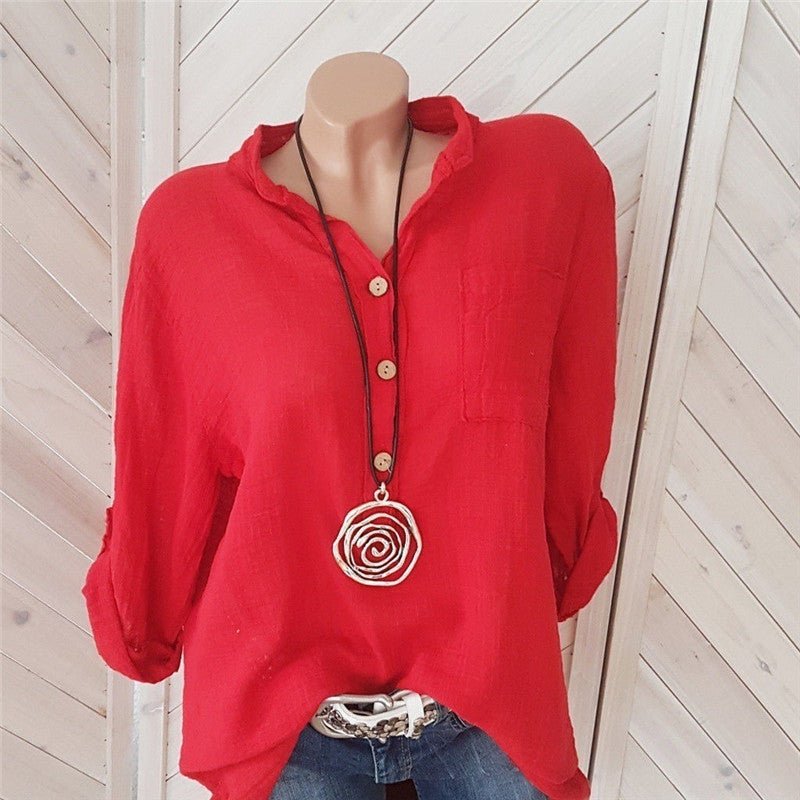 European And American Spring And Summer Solid Color V - Neck Pocket Women's Blouse - Taylor K Shop