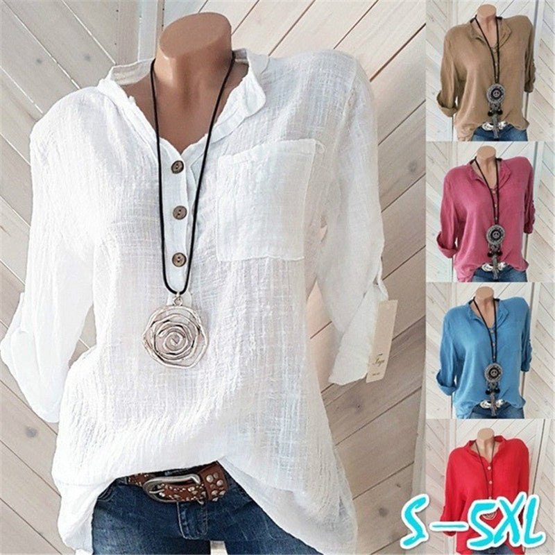 European And American Spring And Summer Solid Color V - Neck Pocket Women's Blouse - Taylor K Shop