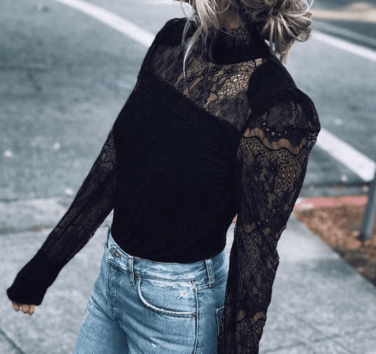 Fashion Casual Women's Ladies Blouses Long Sleeves Sheer Tops Floral Lace Blouse Shirt Top Blouse Black Clothing Turtleneck - Taylor K Shop