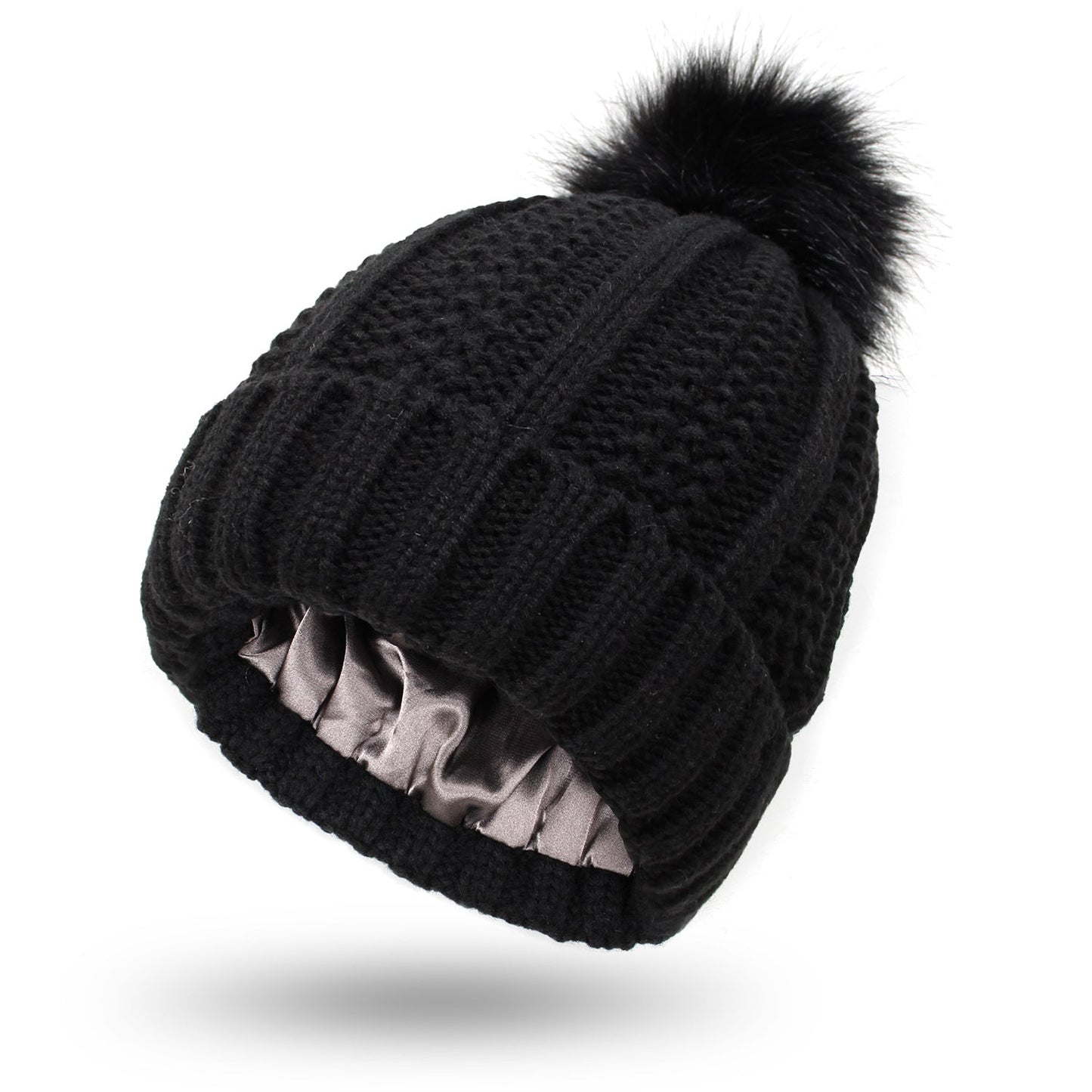 Fashion Stretchy Satin Lined Skull Knit Hats Beanie Hat For Women Faux Fur Pom Pom Hat Winter Keep Warming Beanie Hat - Taylor K Shop