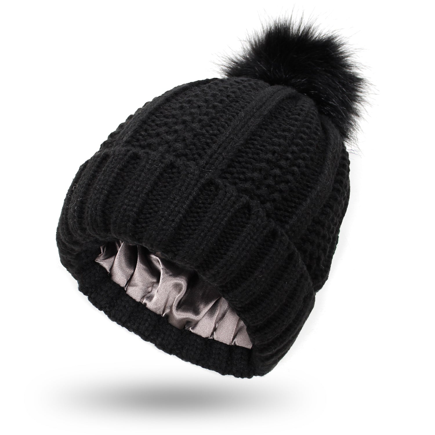 Fashion Stretchy Satin Lined Skull Knit Hats Beanie Hat For Women Faux Fur Pom Pom Hat Winter Keep Warming Beanie Hat - Taylor K Shop