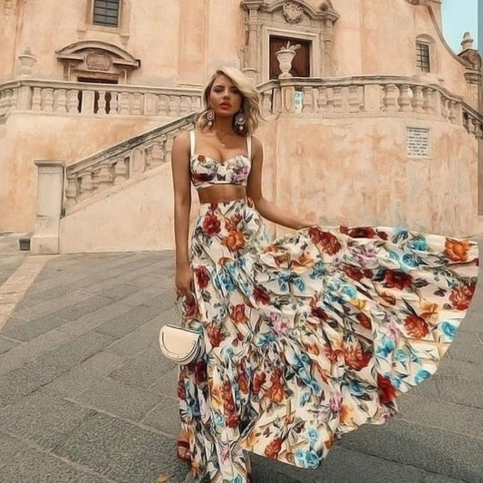 floral print women summer dress sleeveless 2 Piece set bohemian dresses holiday vestidos chic plus size beach dress rode - Taylor K Shop