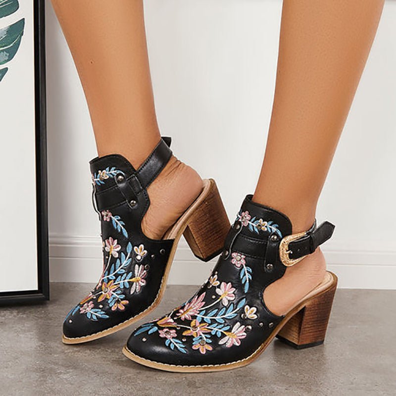 Flowers Rivet Sandals Women Vintage Embroider Chunky High Heels Shoes With Buckle Pumps - Taylor K Shop