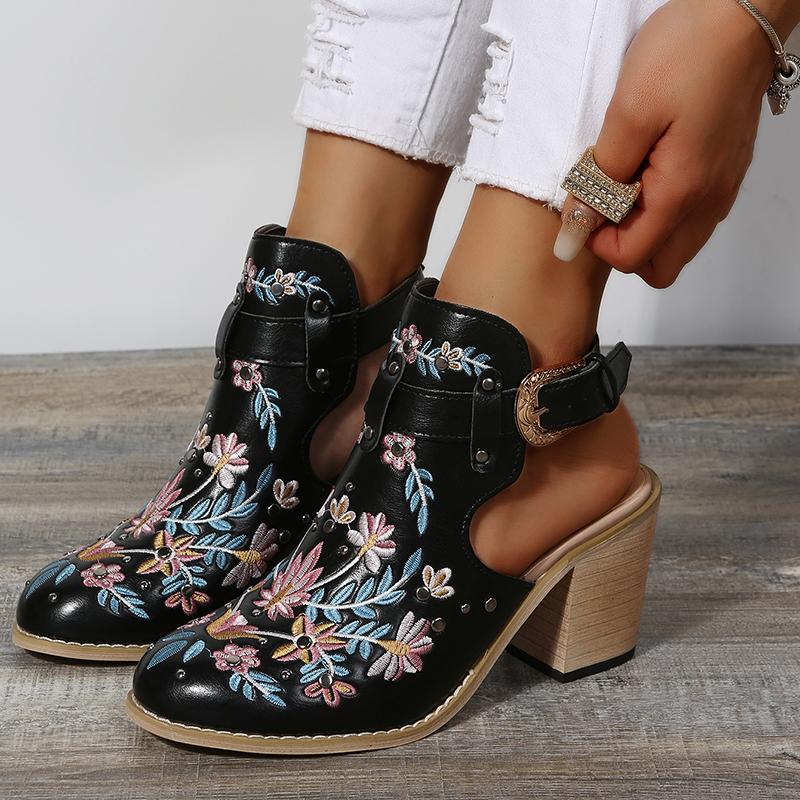 Flowers Rivet Sandals Women Vintage Embroider Chunky High Heels Shoes With Buckle Pumps - Taylor K Shop