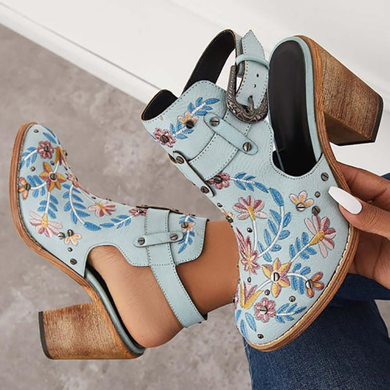 Flowers Rivet Sandals Women Vintage Embroider Chunky High Heels Shoes With Buckle Pumps - Taylor K Shop