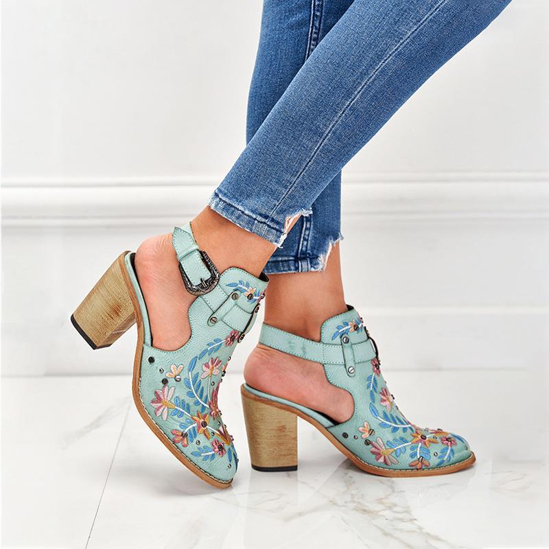 Flowers Rivet Sandals Women Vintage Embroider Chunky High Heels Shoes With Buckle Pumps - Taylor K Shop