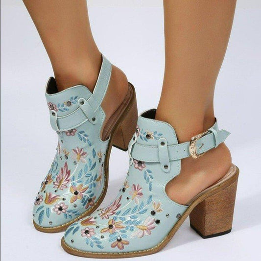 Flowers Rivet Sandals Women Vintage Embroider Chunky High Heels Shoes With Buckle Pumps - Taylor K Shop