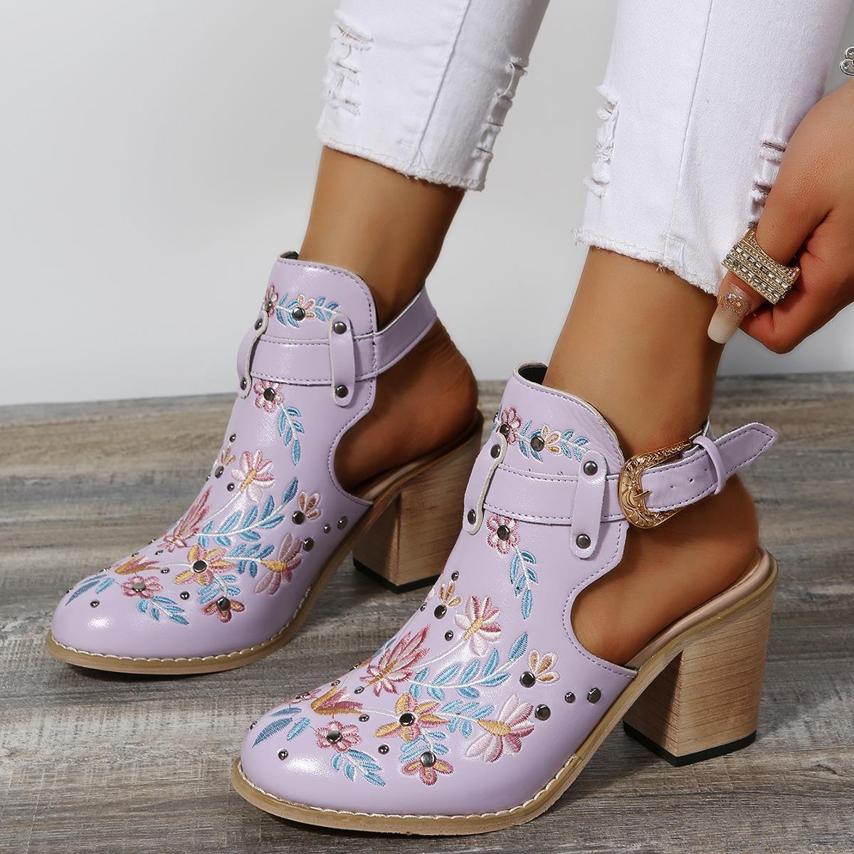 Flowers Rivet Sandals Women Vintage Embroider Chunky High Heels Shoes With Buckle Pumps - Taylor K Shop