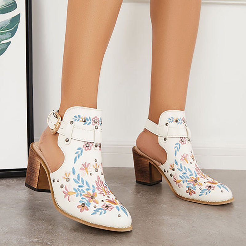 Flowers Rivet Sandals Women Vintage Embroider Chunky High Heels Shoes With Buckle Pumps - Taylor K Shop