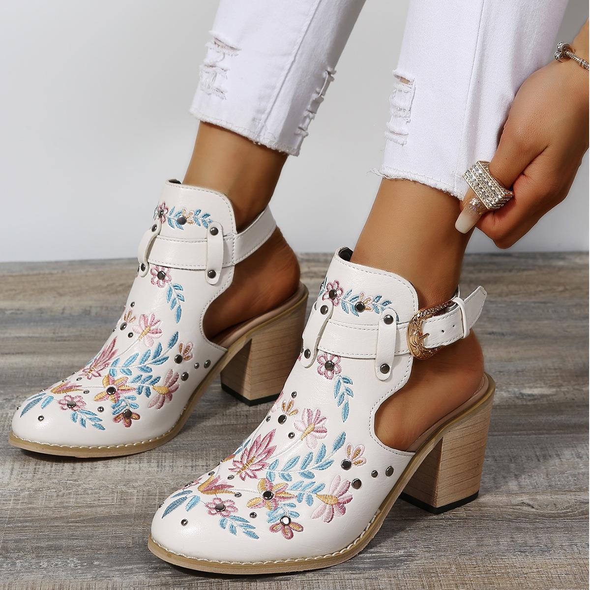 Flowers Rivet Sandals Women Vintage Embroider Chunky High Heels Shoes With Buckle Pumps - Taylor K Shop