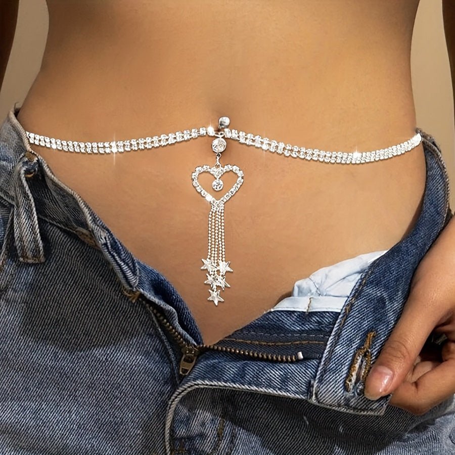 Gold Rhinestone Tassel Belly Chain Elegant Heart Design - Taylor K Shop