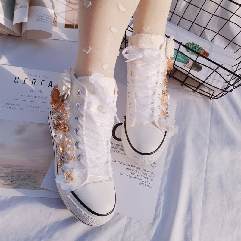 Handmade rhinestone sequins increased flower canvas shoes platform sports women casual shoes white sneakers - Taylor K Shop
