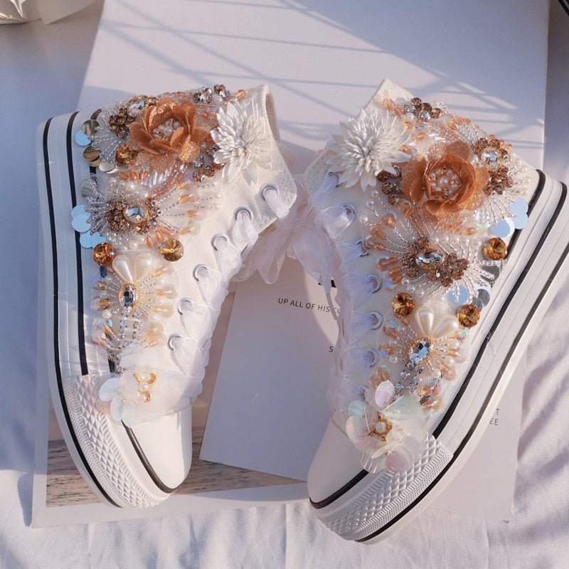 Handmade rhinestone sequins increased flower canvas shoes platform sports women casual shoes white sneakers - Taylor K Shop