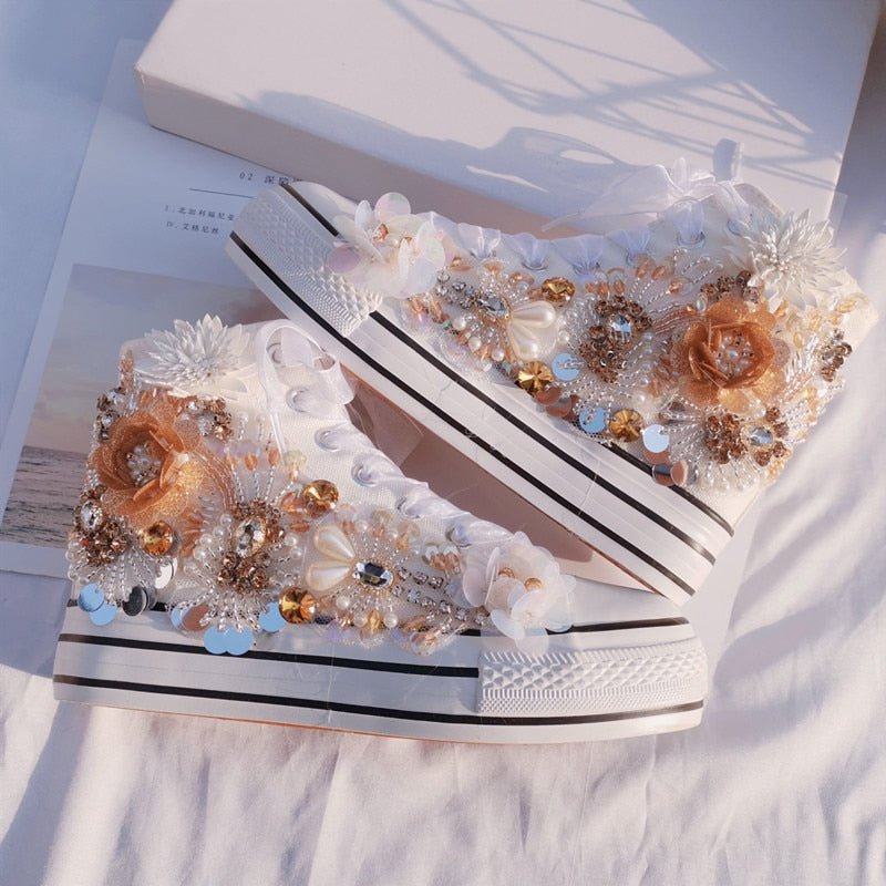Handmade rhinestone sequins increased flower canvas shoes platform sports women casual shoes white sneakers - Taylor K Shop