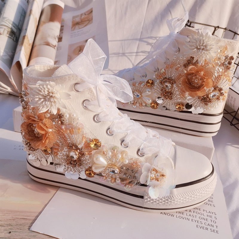 Handmade rhinestone sequins increased flower canvas shoes platform sports women casual shoes white sneakers - Taylor K Shop