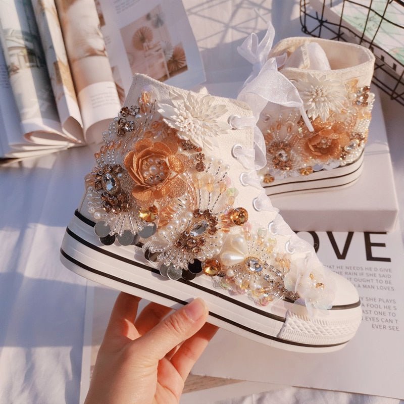 Handmade rhinestone sequins increased flower canvas shoes platform sports women casual shoes white sneakers - Taylor K Shop