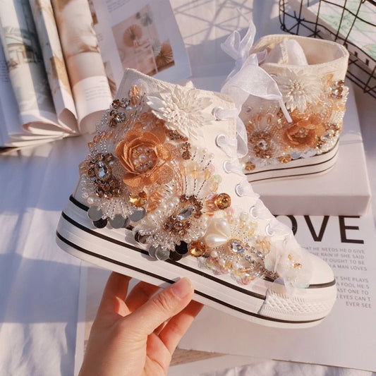 Handmade rhinestone sequins increased flower canvas shoes platform sports women casual shoes white sneakers - Taylor K Shop