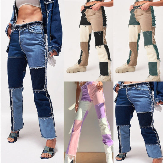 High Elastic Stitching Raw Edge Women's Straight - leg Jeans - Taylor K Shop