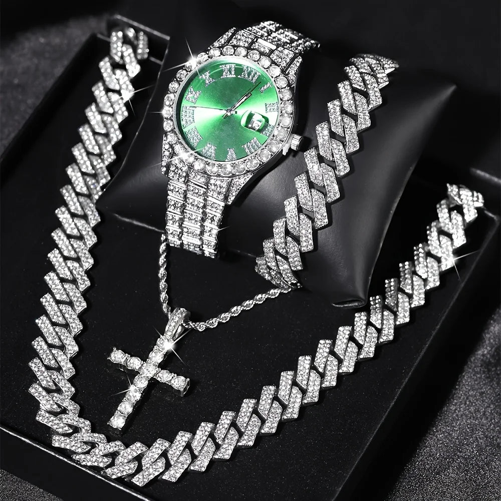Mens Bling Watch Cuban Chain Set Rhinestone Accents - Taylor K Shop