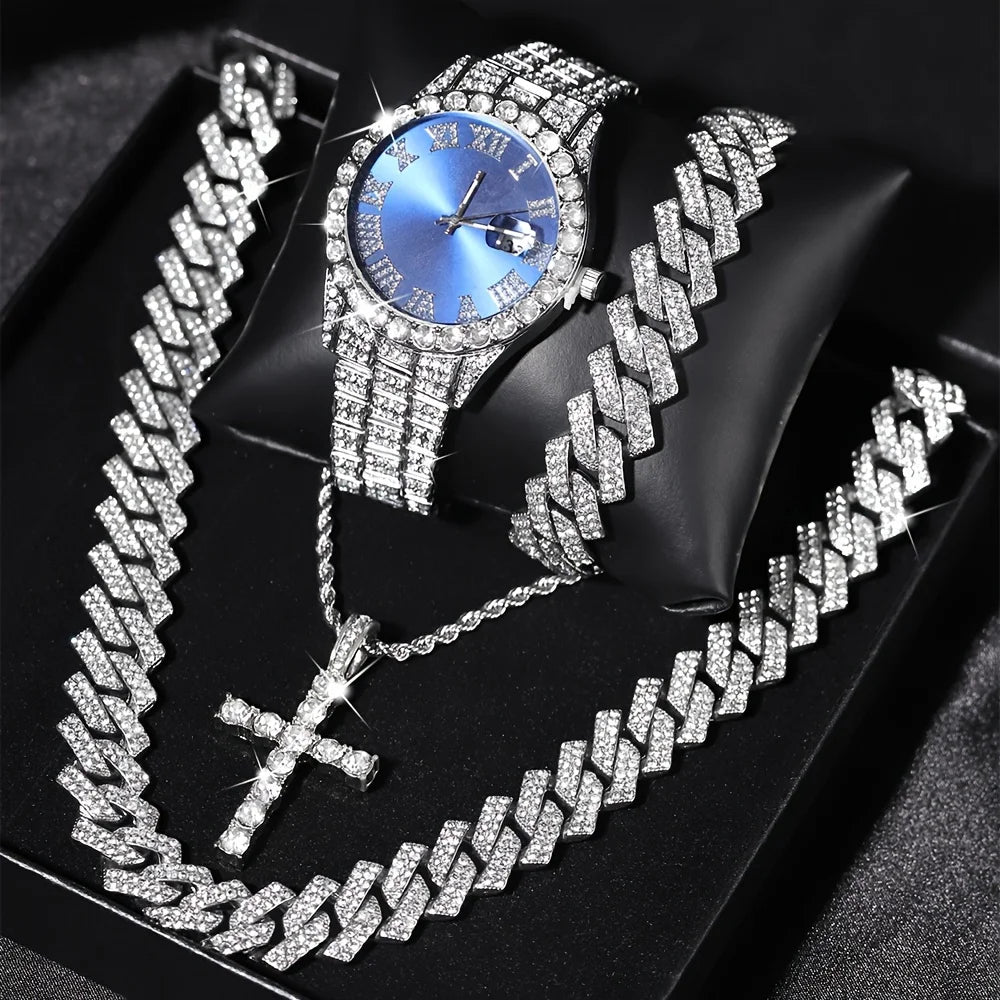 Mens Bling Watch Cuban Chain Set Rhinestone Accents - Taylor K Shop