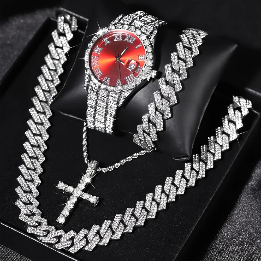 Mens Bling Watch Cuban Chain Set Rhinestone Accents - Taylor K Shop