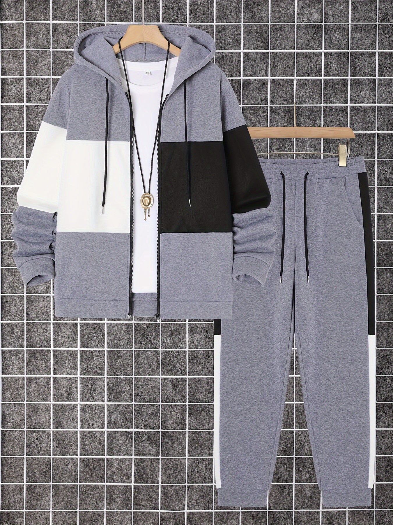 Mens Color Block Hoodie and Pants Set Casual Outdoor Wear - Taylor K Shop